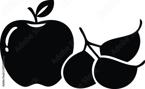 Black silhouette of apple and pears fruits with leaf on white background for healthy eating and nutrition concepts