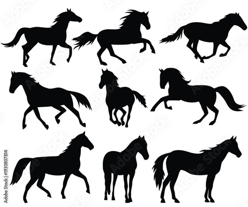 horses, silhouette, black, motion, running, galloping, trotting, equestrian, animal, wildlife, dynamic, movement, energy, freedom, power, grace, illustration, isolated, white background, set, collecti