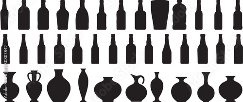 bottle, silhouette, glass, container, liquid, drink, wine, water, beverage, jar, vase, pottery, ceramic, amphora, jug, pitcher, vessel, storage, collection, set, graphic, design, element, object, isol