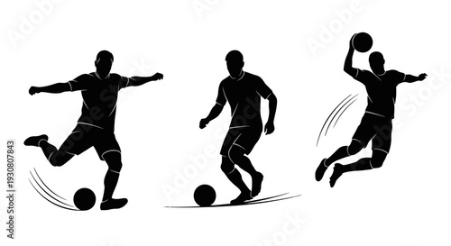 Silhouettes of a man playing soccer and basketball in action.