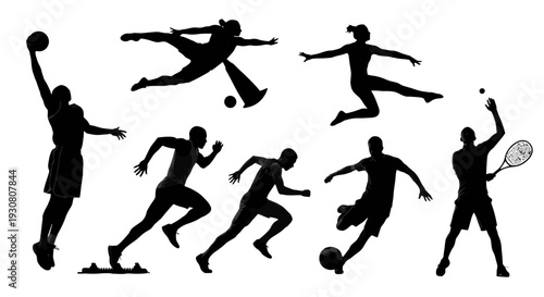 Silhouettes of athletes in various sports actions.
