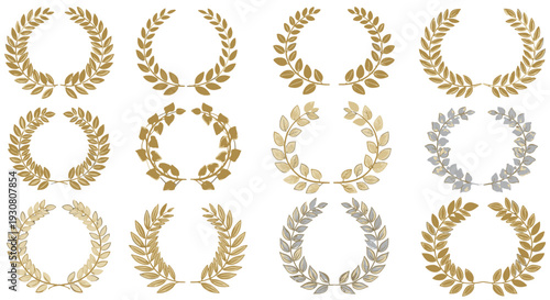 Collection of Golden and Silver Laurel Wreaths in Various Designs.