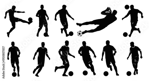 Collection of silhouetted soccer players in various dynamic poses.