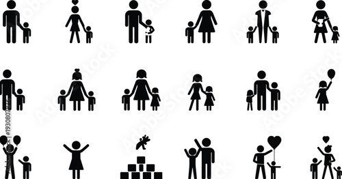 Black and white depicting various family and social activities with people and children