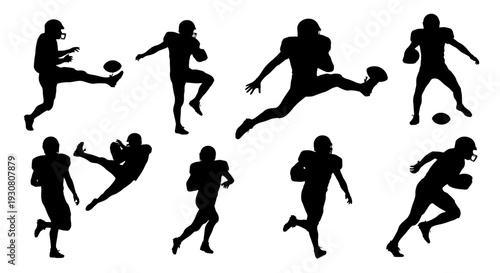 Silhouettes of soccer players in various dynamic poses.
