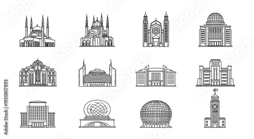 Collection of famous architectural landmarks depicted in linear style