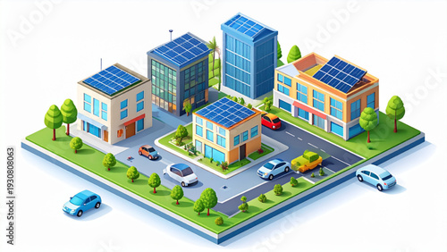 Modern isometric smart city vector illustration, colorful buildings, solar panels, electric cars, clean geometric design, technology and sustainability concept, detailed flat vector, white background