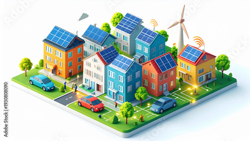 Modern isometric smart city vector illustration, colorful buildings, solar panels, electric cars, clean geometric design, technology and sustainability concept, detailed flat vector, white background