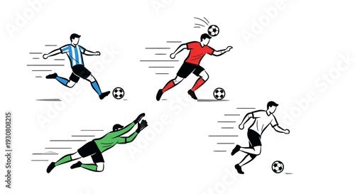 Dynamic soccer players in action kicking the ball.