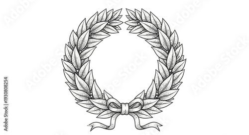 Black and white laurel wreath with ribbon illustration.