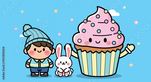 Cartoon Boy Rabbit and Cupcake Illustration.