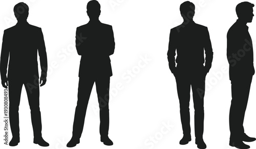 Four black silhouettes of men in business suits standing in different poses against a white background