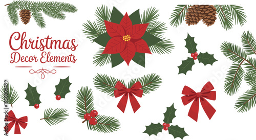 Christmas Decor Featuring Pine Branches Holly Berries Red Bows and Poinsettia Flower