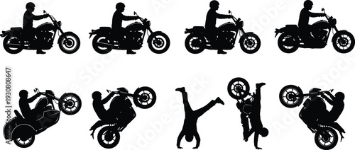 Motorcycle rider silhouette set, biker performing wheelie and stunt poses, motorbike vector illustration isolated on background