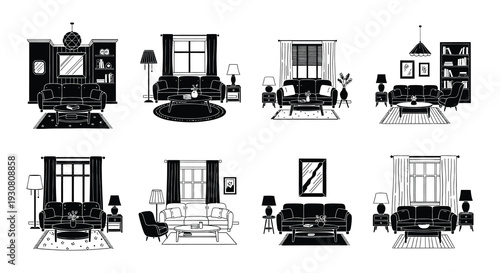 Stylized black and white illustrations of various living room interiors