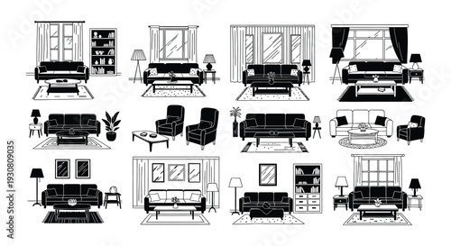 Stylized black and white illustrations of various living room interiors