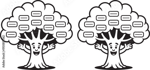 Charming Cartoon Family Tree Illustration with Happy Faces and Blank Oval Spaces for Names