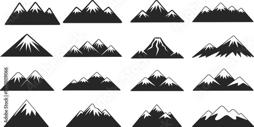 Collection of black and white mountain silhouettes with snow-capped peaks in various shapes and sizes