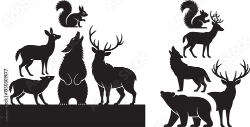 Forest Wildlife Silhouette Collection: Deer, Wolf, Bear, Squirrel, and Fox in Dynamic Poses