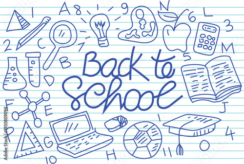 Back to School Hand Drawn Doodle Set with Education Icons on Notebook Background
