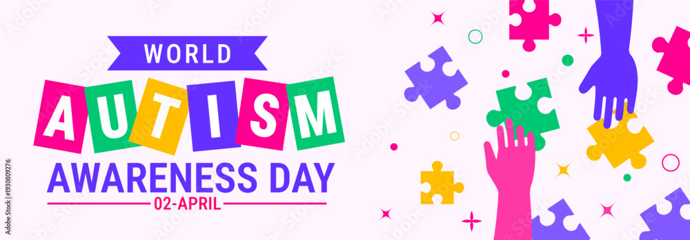 Fototapeta premium World Autism Awareness Day Background, banner or poster design template. Celebrated on April 2. White Graphic with Colorful Autism Letter Tiles and Hands Reaching for Multi-Color Puzzle Pieces.