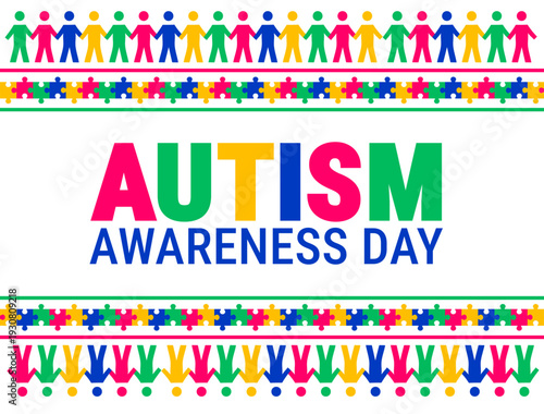 World Autism Awareness Day Background, banner or poster design template. Celebrated on April 2. White Graphic with a Multi-Color Puzzle Square and a Diverse Paper Chain of Human Figures Representing