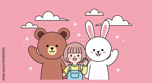 Cartoon Bear Girl and Rabbit Friends Together.