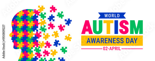 World Autism Awareness Day Background, banner or poster design template. Celebrated on April 2. White Graphic with Multi-Color Hanging "Autism" Letter Tiles and a Human Head Profile Silhouette Formed
