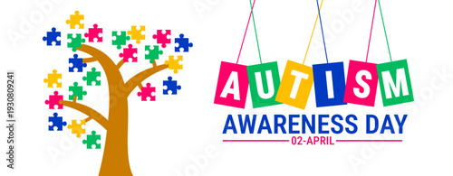 World Autism Awareness Day Background, banner or poster design template. Celebrated on April 2. White Graphic with Colorful Hanging Autism Letter Tiles and a Growth Tree with Multi-Color Puzzle Piece