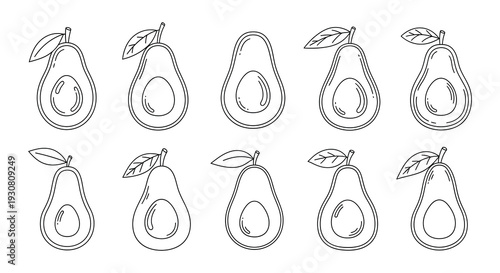 Collection of stylized avocado illustrations in black and white tones
