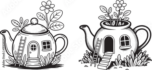 Whimsical Teapot House Illustration with Flowers and Ladder, Charming Storybook Scene