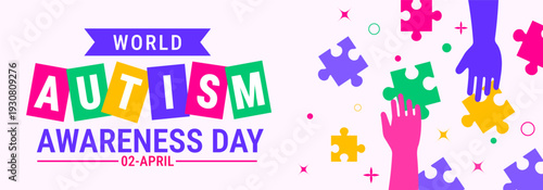 World Autism Awareness Day Background, banner or poster design template. Celebrated on April 2. White Graphic with Colorful Autism Letter Tiles and Hands Reaching for Multi-Color Puzzle Pieces.