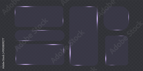 Light frame liquid glass button set for mobile and web app, tech board frame in futuristic style. Purple HUD interface, vector illustration. Light glass png banner collection with glow effect.