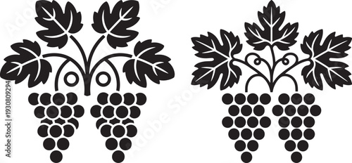 Stylized Black and White Vector Illustration of Grapevines with Clusters of Grapes