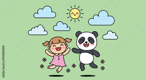 Happy Girl and Panda Dancing Together.