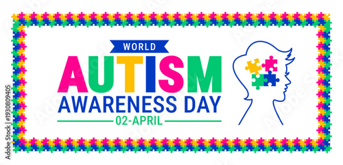 World Autism Awareness Day background, banner or poster design. celebrate April 02.   White Graphic with a Multi-Color Puzzle Piece Border and Profile Silhouette to Represent Neurodiversity.
