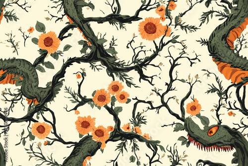 Floral pattern with peach and green flowers, leaves, and vines on a cream background. Hand-drawn vector illustration of a retro floral print for textile design, wallpaper, and other graphic designs. 