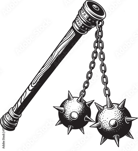 Medieval Weapon: Spiked Ball and Chain Flail Illustration, Historical Combat Design
