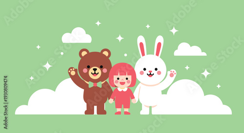 Cartoon Bear Rabbit and Child Illustration.