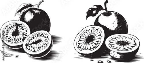 Hand-Drawn Black and White Ink Illustrations of Ripe Passion Fruits, Whole and Halved, with Leaves
