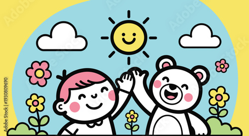 Cartoon Child and Bear High Fiving Together.