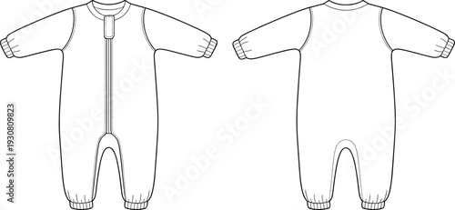 Front and back view of a white baby onesie with snap buttons and foot covers front view