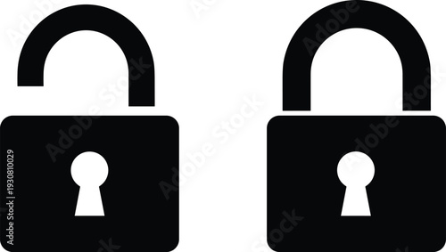 Padlock lock and unlock silhouettes set, security privacy protection vector icon illustration isolated on white background