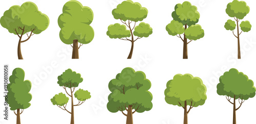 Ten Different Green Trees with Various Shapes and Sizes on White Background nature foliage leaves