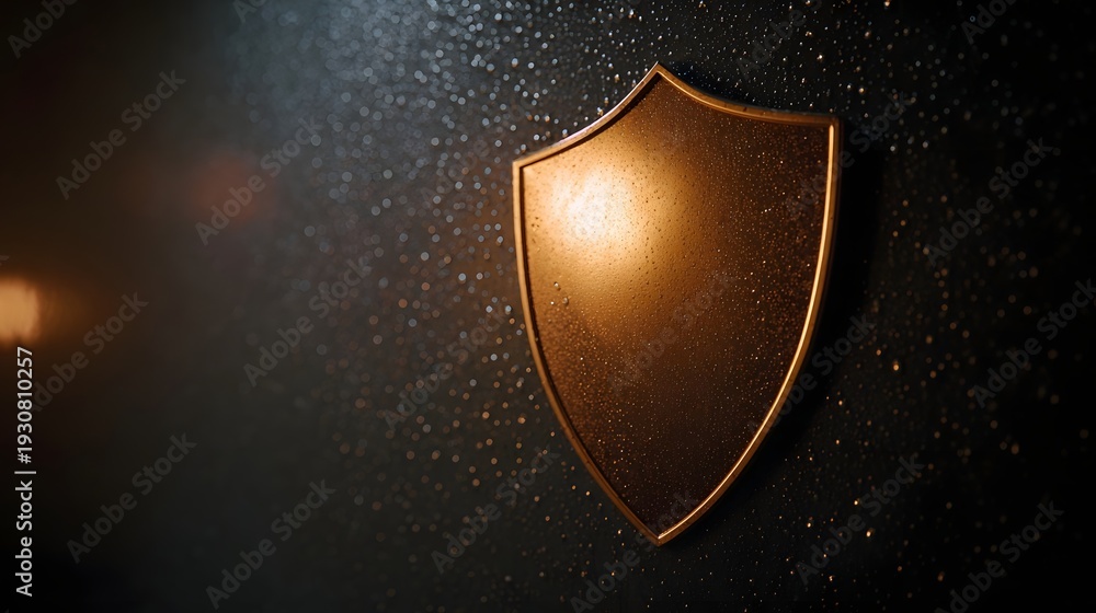 Fototapeta premium A polished metallic shield emblem is illuminated against a dark textured background with subtle glowing particles