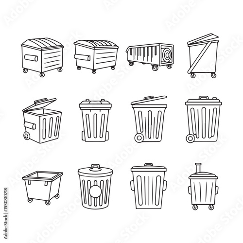 Collection of various dumpster and trash can icons in outline style