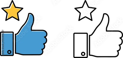 Thumbs Up Like Icon with Star Rating in Color and Outline Style for Social Media Feedback and User Approval Vector