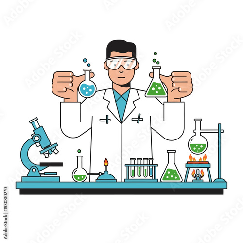 Scientist holding flasks with green liquid, laboratory equipment, microscope, and burner