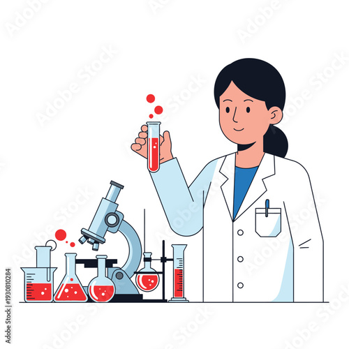 Scientist holding test tube in laboratory with microscope and beakers