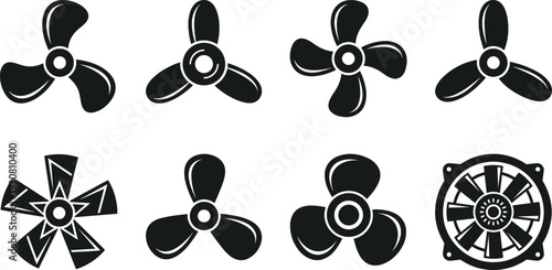 Propeller and fan silhouettes set, three blade rotor ventilation icon vector illustration isolated on white background collection